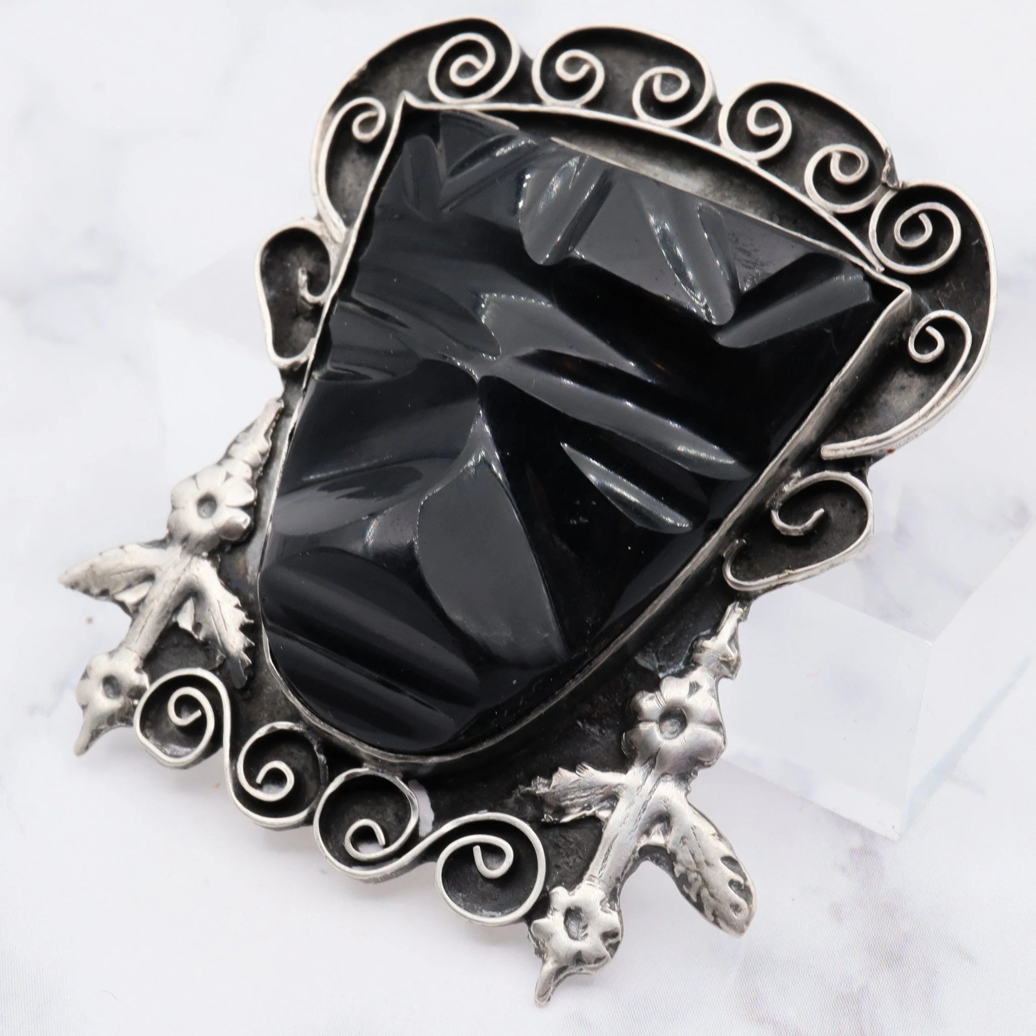 Antique Mexican sterling and carved onyx Mayan mask brooch